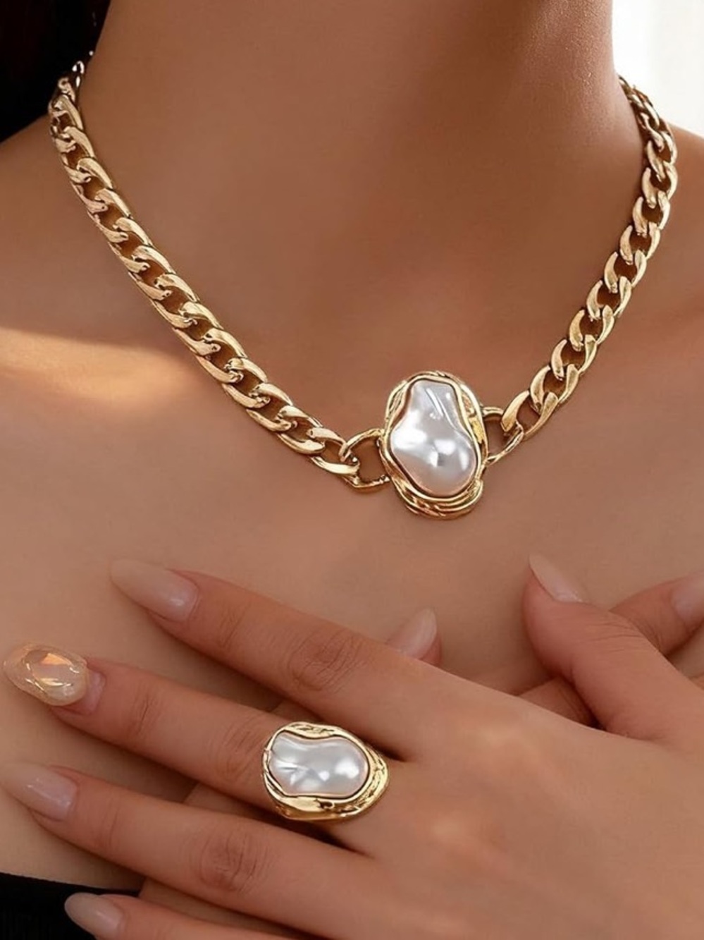 Anthropologie Gold Chain Necklace with White Baroque Pearl Accent